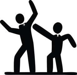 Two stylized black figures in suits with raised arms and bent legs appearing to dance or celebrate together on a white background