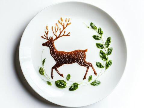 A pure white plate with a silhouette of a deer running through the fores - Powered by Adobe