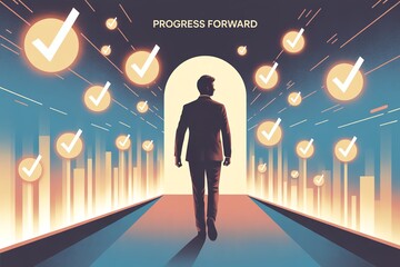 Silhouette of business person walking through a tunnel of progress symbols and success indicators.