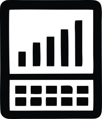 Simple black and white icon representing a laptop displaying a rising bar graph with a keyboard below