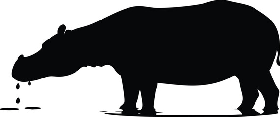 Silhouette of a large hippo dripping water against a clean white background