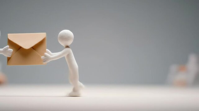 Two white figurines transfer a beige envelope against a neutral backdrop creating a simple symbolic scene