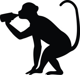 Silhouette of a monkey drinking from a bottle on white background illustration