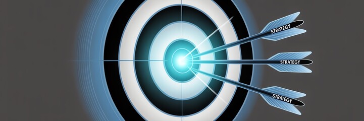 Three arrows hit a glowing blue target center, symbolizing precision and success.