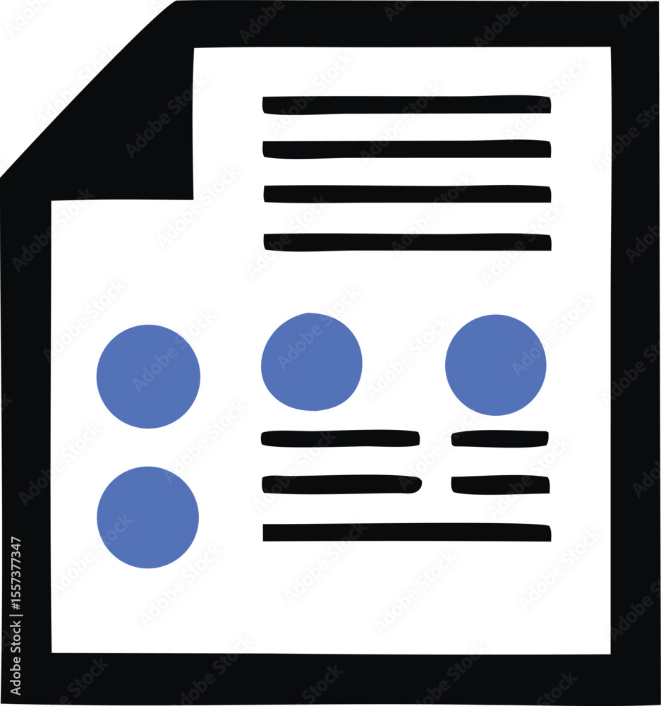 Poster simple black and white icon representing a document or report with blue circular data points and tex