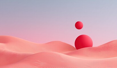 Minimalist abstract background featuring a pink wavy desert landscape with two bold red spheres, simple geometric shapes and clean modern design concept