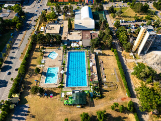 Novi Sad, Serbia - June 27, 2025: Aerial view of  City outdoor swimming pool in Novi Sad