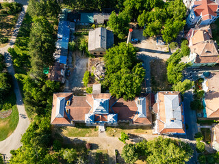Novi Sad, Serbia - June 27, 2025: Aerial view of Iodine Spa (Jodna banja) - hospital in Novi Sad, Serbia public medical health care institution. It is a modern rheumatology hospital.