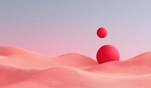 Minimalist abstract background featuring a pink wavy desert landscape with two bold red spheres, simple geometric shapes and clean modern design concept - Powered by Adobe