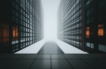 Minimalist urban skyline with symmetrical dark-facade towers and atmospheric fog, captured in a dramatic upward perspective with linear light accents against a monochrome backdrop