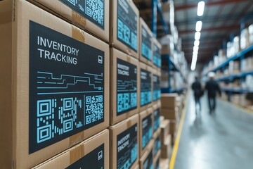 Warehouse scene with inventory tracking system and QR codes on boxes for efficient logistics management.