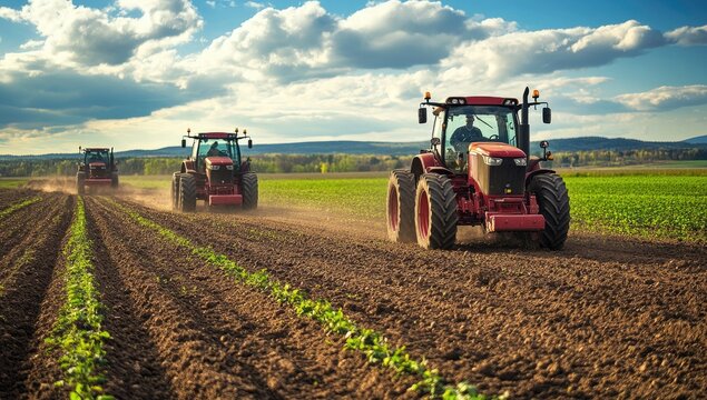 Three red tractors cultivate a field.  Sunlight illuminates the scene.  Rolling hills and trees are in the background.  Clouds dot the sky