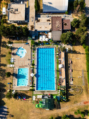 Novi Sad, Serbia - June 27, 2025: Aerial view of  City outdoor swimming pool in Novi Sad