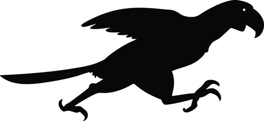 Silhouette of a running parrot with wings outspread against a clean white background