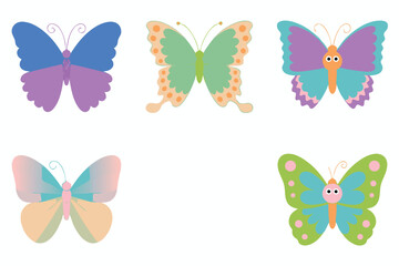 Colorful Cartoon Butterfly Illustrations Five Unique Butterfly Designs on a White Background for Creative Projects