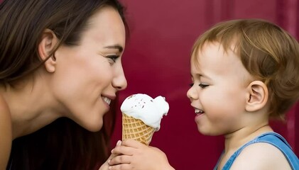 A mother and her young child share a sweet moment, both licking the same ice cream cone with joyful smiles - Powered by Adobe