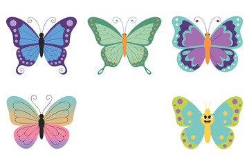 Five Colorful Butterfly Illustrations in Blue, Green, Purple, and Gradient Colors on a White Background