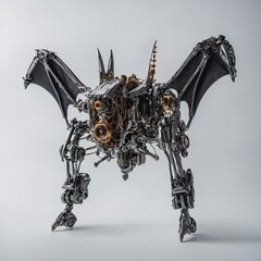 A mechanical or robotic bat on a stark white background



