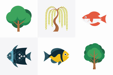 Naklejka premium Illustration Featuring Colorful Cartoon Fish and Trees Isolated on a White Background