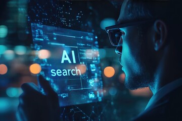 Man interacting with a futuristic AI search interface