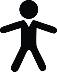 Simple black silhouette of a person with a round head outstretched arms and wide stance representing a basic human figure icon