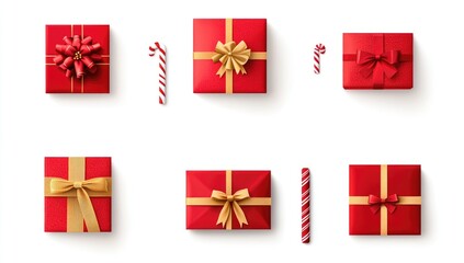 Festive red gift boxes with gold ribbons and bows, set against white background