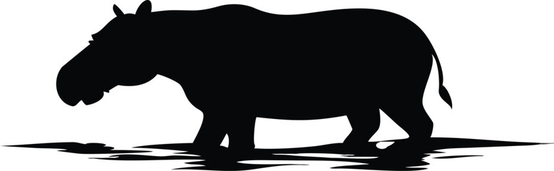Vector silhouette illustration of a hippo walking through water in black and white