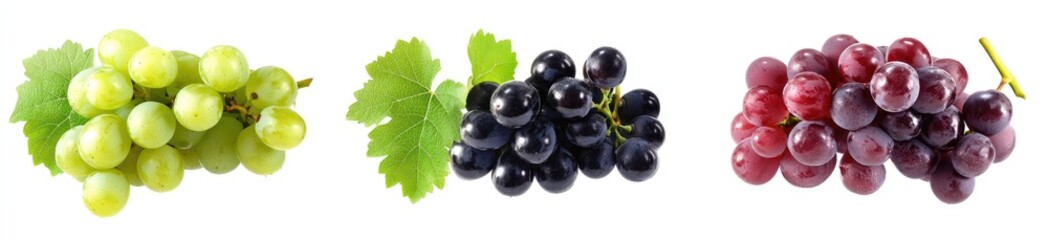 Three bunches of grapes, green, purple, and red, displayed against a white background