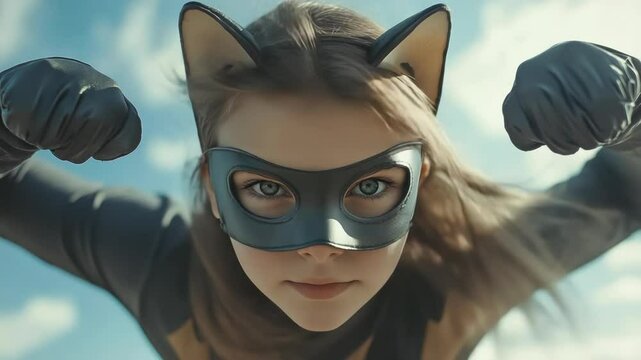 Teenage girl in a cat mask and gloves jumping high in a quadrobics move, mimicking feline agility against a bright sky. Energetic, playful pose. Conceptual banner with copy space