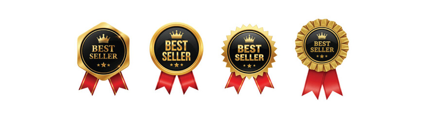 Gold Best Seller Badges with Red Ribbons – Premium Award Icons for Top Products