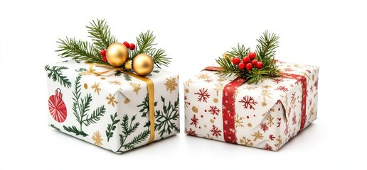 Two Christmas gifts wrapped in white paper with festive patterns