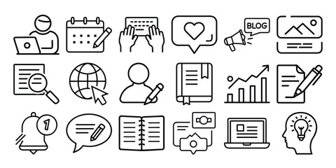 Office and kitchen business vector icons set: internet, computer, phone, mail, clock, and document symbols for web and report illustrations