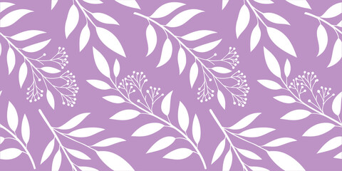 Seamless white botanical pattern on soft purple background with elegant floral branches and leaves. Ideal for wallpapers, textiles, and surface design. Modern vector illustration style.