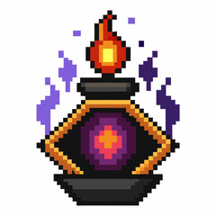 Naklejka premium Pixel Art Magic Potion Bottle with Flame and Purple Sparks Retro Game Icon