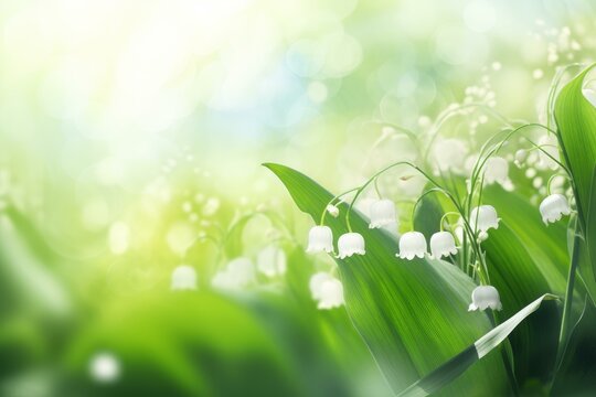 Beautiful white mayflowers blooming in spring garden with sun rays