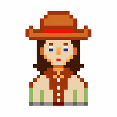 Obraz premium Pixel Art Cowboy Character in Western Costume with Hat and Red Bandana