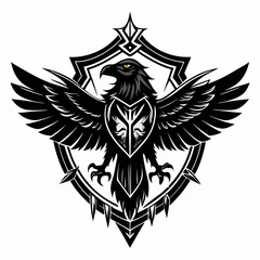 Obraz premium Black Raven Emblem with Sword and Shield Design in Art Style