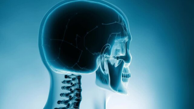 A close examination of a human skull highlighting its intricate structure and anatomical features with a blue background