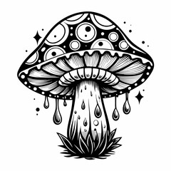 Intricate Black and White Mushroom Illustration with Dripping Details