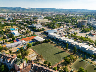 Novi Sad, Serbia - June 27, 2025: Aerial view of the settlements Sajmiste in Novi Sad and fair building