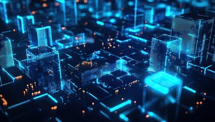 Abstract digital city, glowing blue lines, dark background