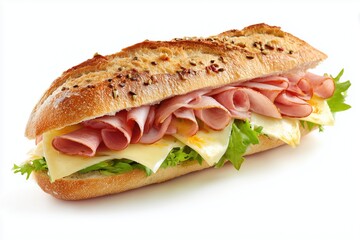baguette sandwich with ham and cheese isolated on white background