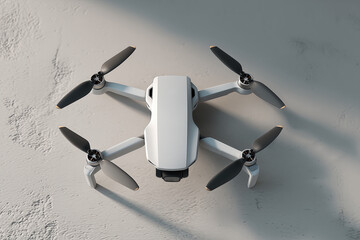 Minimal White Quadcopter Drone on Light Gray Textured Background, Centered Composition