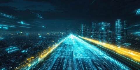 Futuristic city highway at night, overlaid with digital data streams