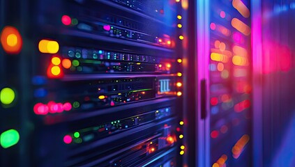 Close-up of server racks illuminated by colorful lights