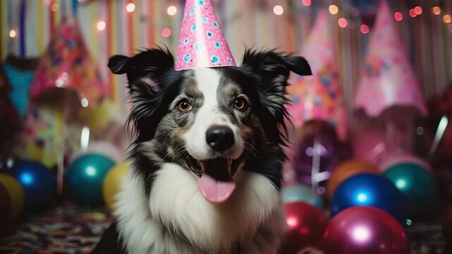 Collie dog in party hat with balloons at home celebrates birthday.