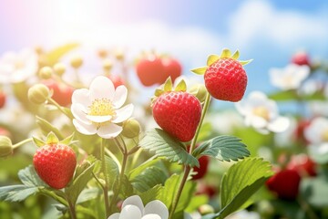 Strawberries ripening on a sunny day in a field, showing the fruit and flowers of the plant