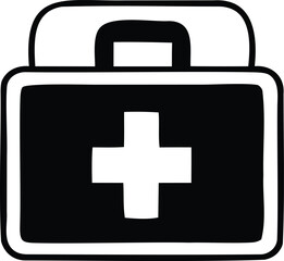 Simple black and white icon of a medical first aid kit with a prominent white cross symbol on its front panel
