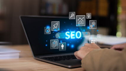 SEO concepts ,Search engine optimization ,Ranking the best sites for search ,Marketer showing SEO concept ,social media sites based on results analysis data ,Website Search Optimization