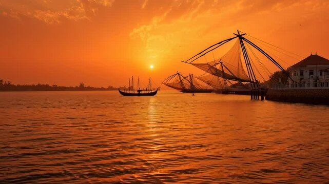 Traditional Chinese fishing nets line the shore at sunset in Kochi, Kerala, casting silhouettes over the glowing orange water.